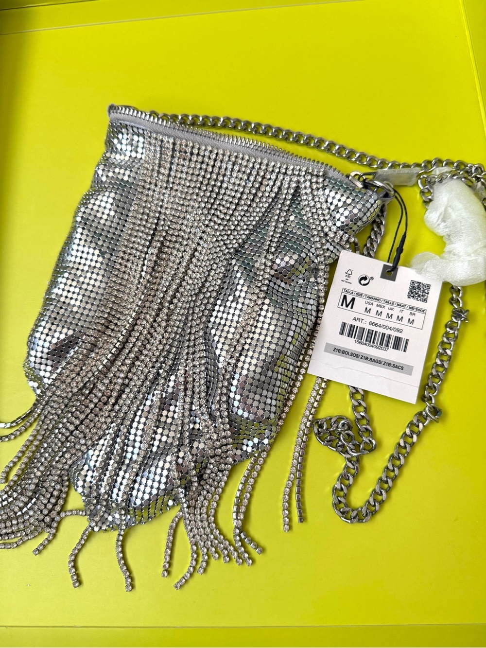 Zara Silver Rhinestone Fringe Evening Bag with Chain Strap – Size M, Brand New w